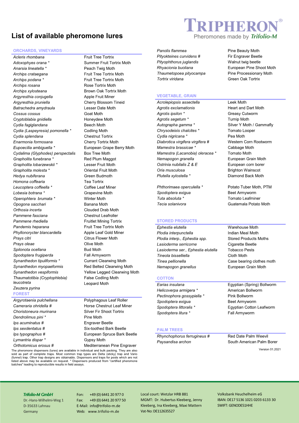 Pheromone Lures List As