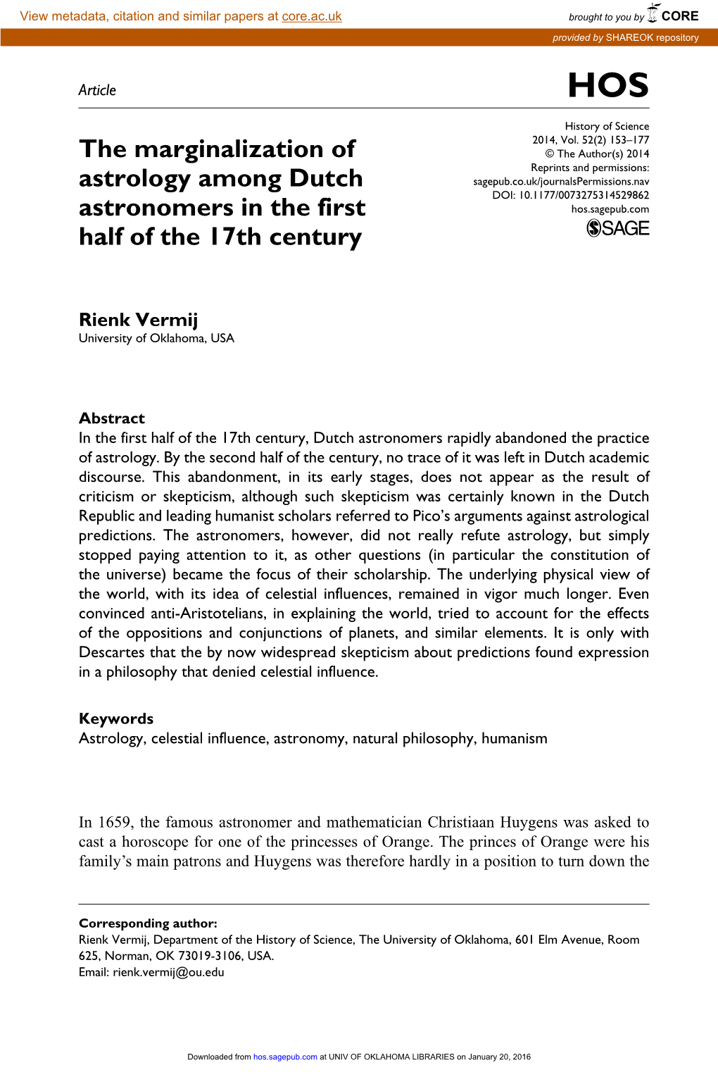 The Marginalization of Astrology Among Dutch Astronomers