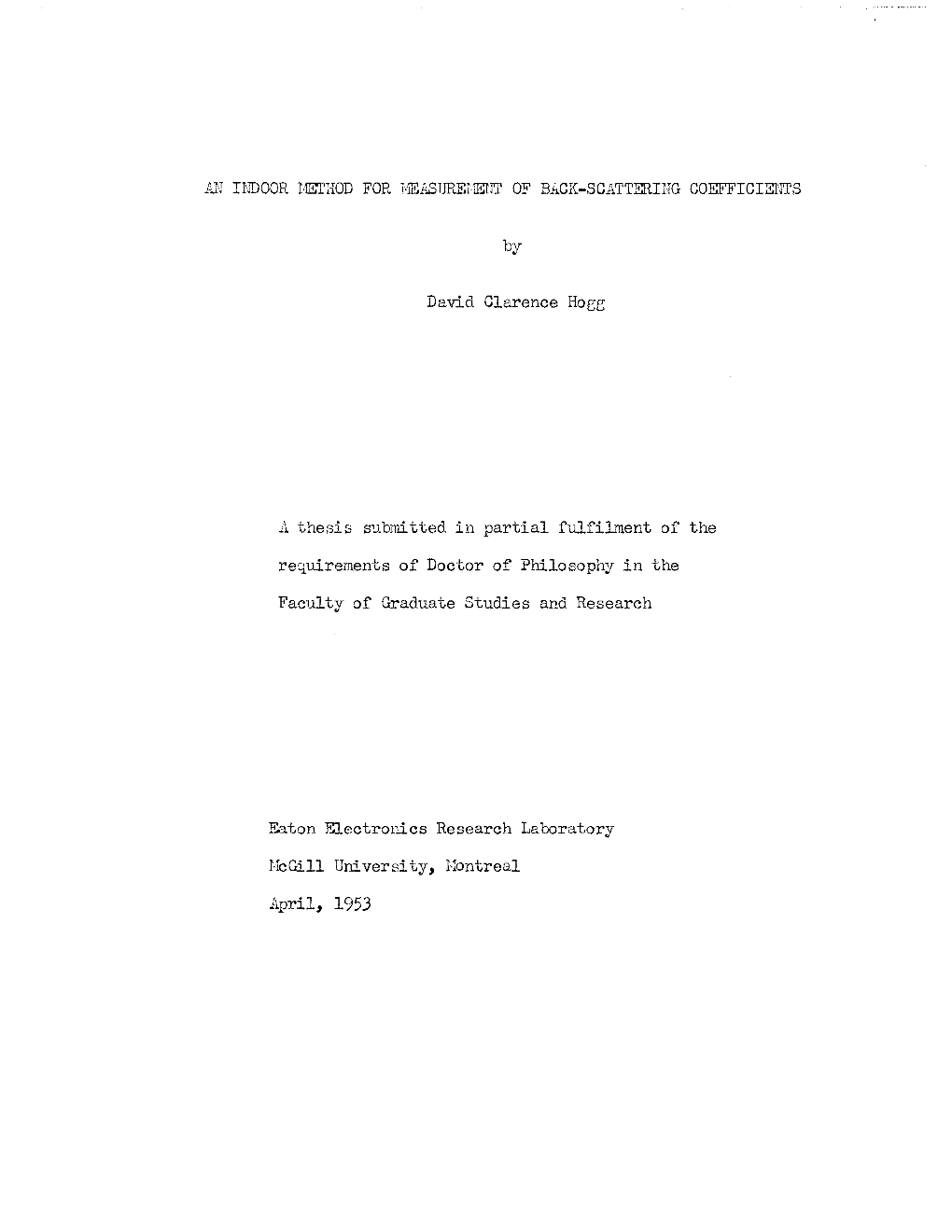 AN Nidoor L-Fb:L'nod for Liiep.Sure1·Ietjt of BACK-.Scatterhm COEFFICIENT,S by David Clarence Roee a Thesis S'j.Bmi Tted in Pa