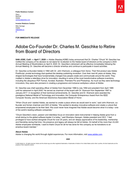 Adobe Co-Founder Dr. Charles M. Geschke to Retire from Board of Directors
