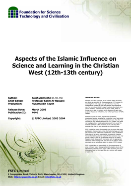 Aspects of the Islamic Influence on Science and Learning in the Christian West (12Th-13Th Century)