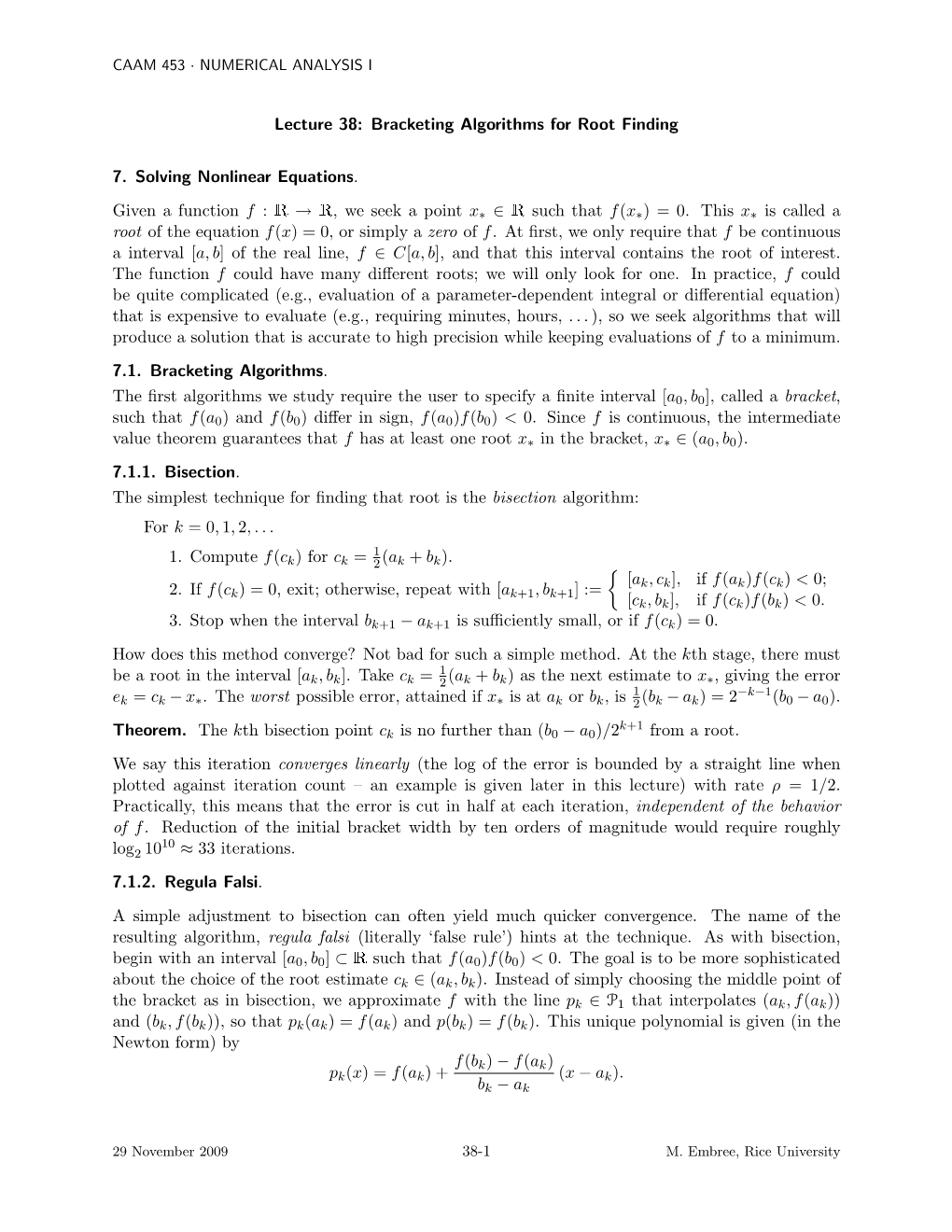 Lecture 38: Bracketing Algorithms for Root Finding 7. Solving Nonlinear