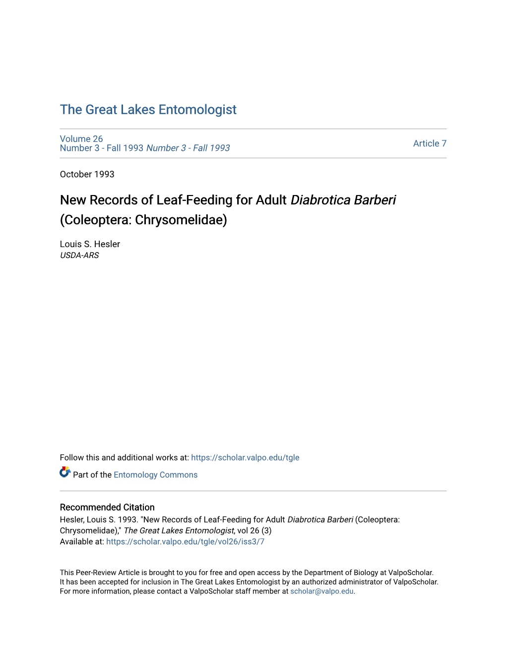 New Records of Leaf-Feeding for Adult Diabrotica Barberi (Coleoptera: Chrysomelidae)