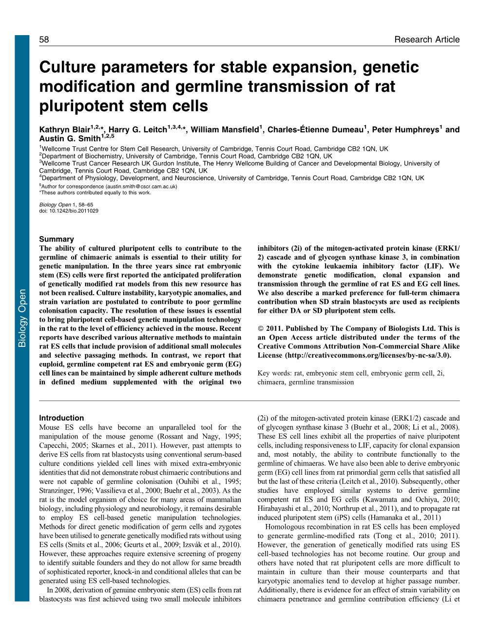 Culture Parameters for Stable Expansion, Genetic Modification and Germline Transmission of Rat Pluripotent Stem Cells