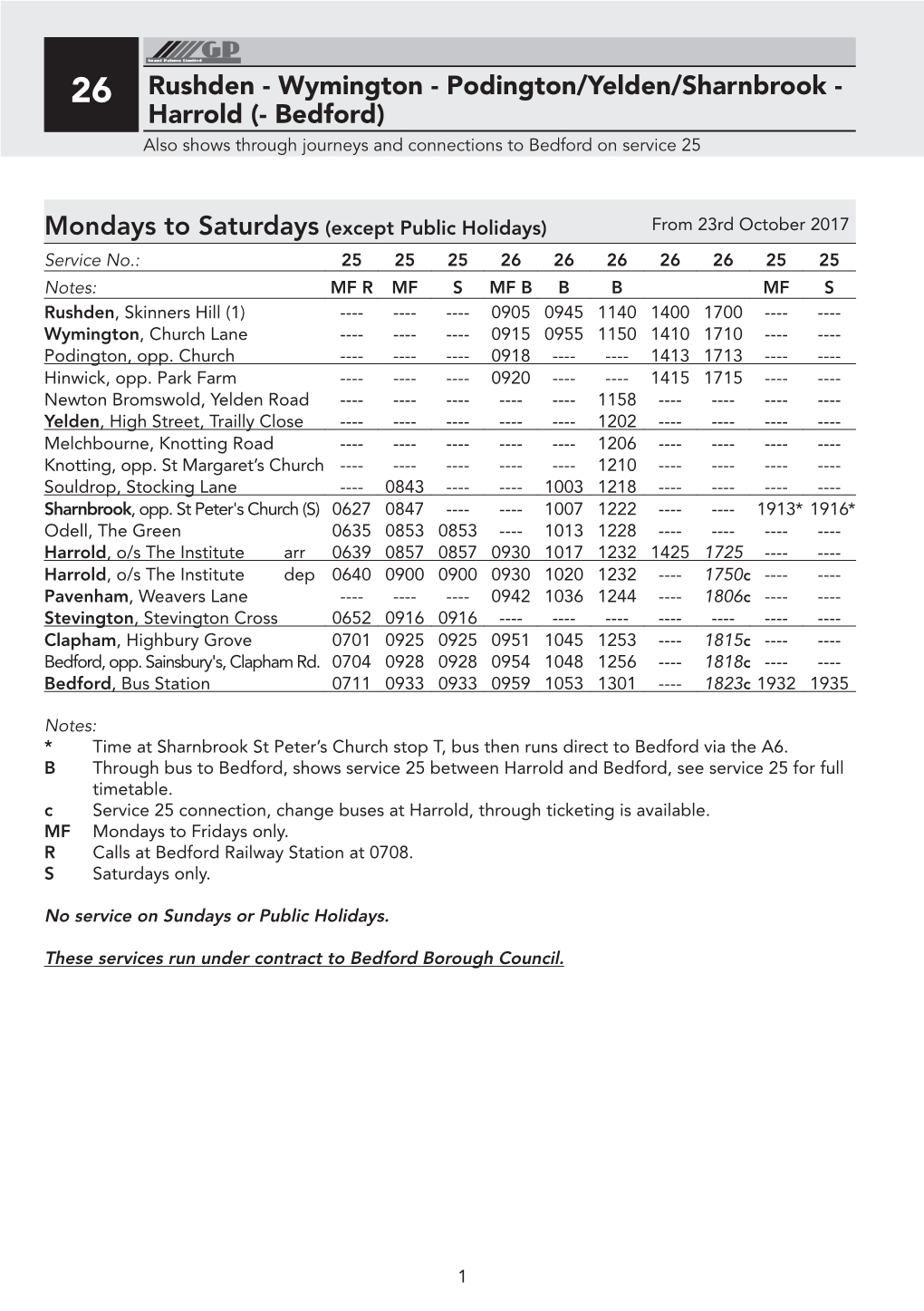 26 Rushden - Wymington - Podington/Yelden/Sharnbrook - Harrold (- Bedford) Also Shows Through Journeys and Connections to Bedford on Service 25