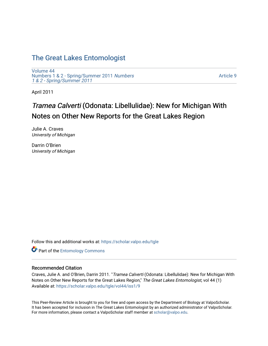 Tramea Calverti (Odonata: Libellulidae): New for Michigan with Notes on Other New Reports for the Great Lakes Region
