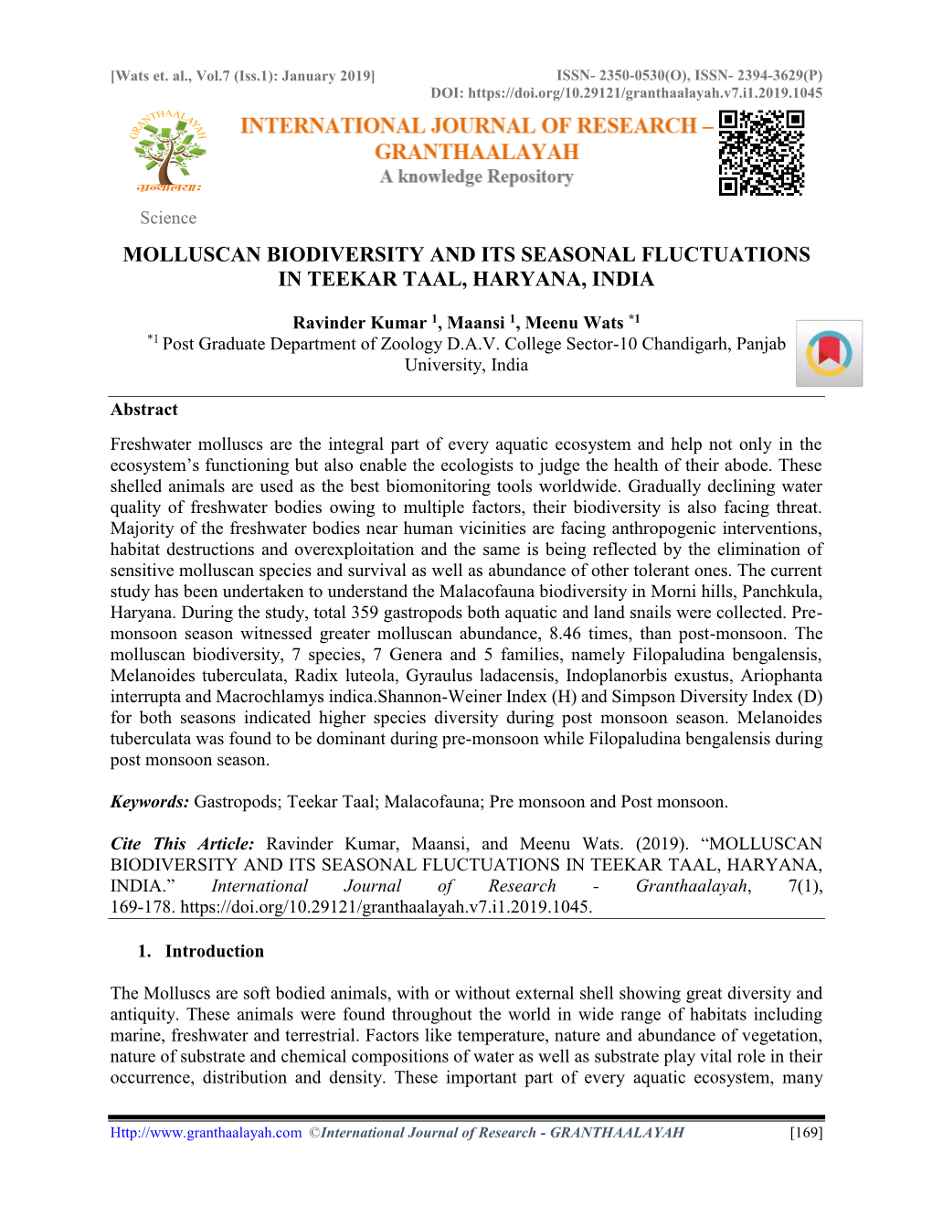 Molluscan Biodiversity and Its Seasonal Fluctuations in Teekar Taal, Haryana, India