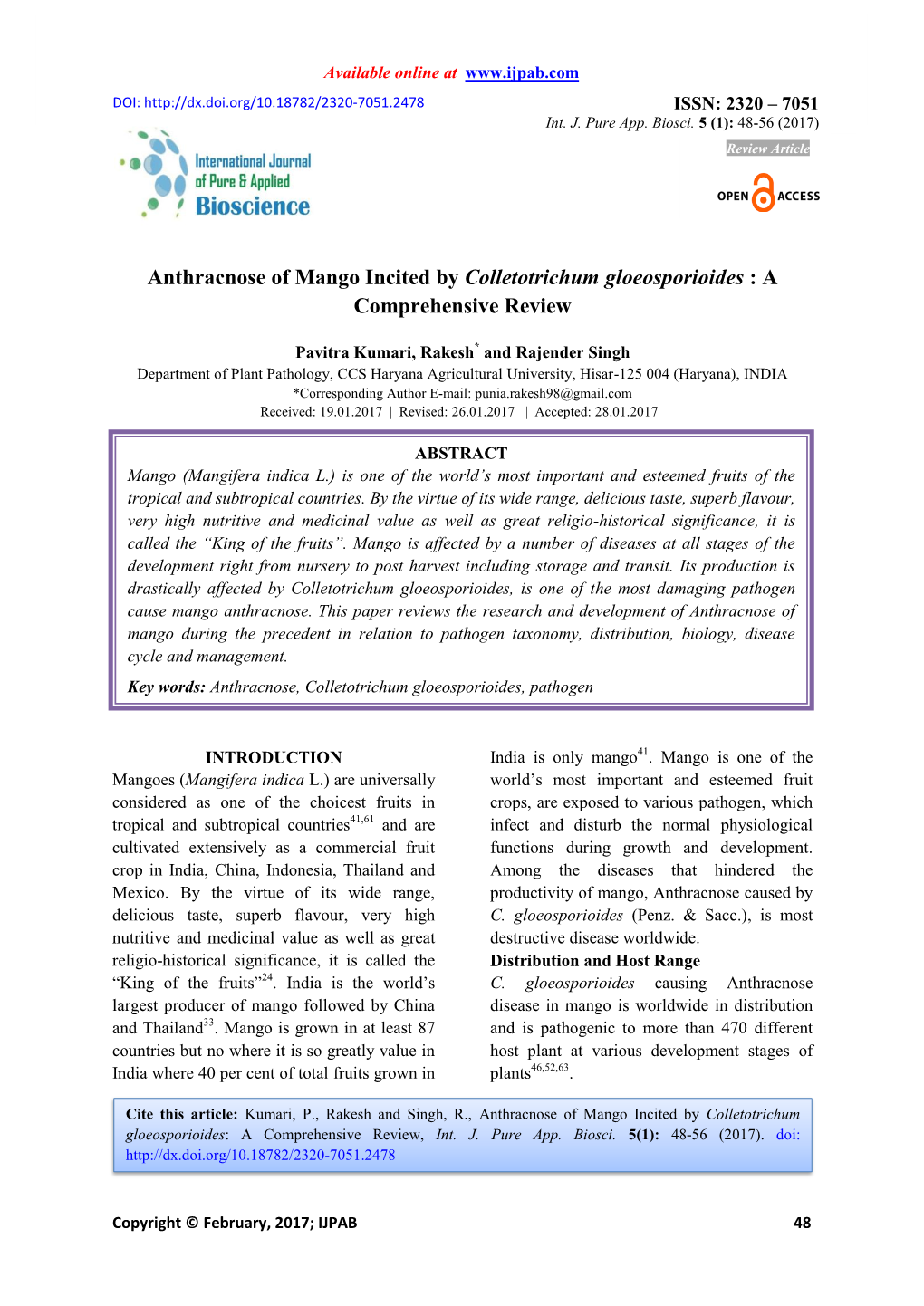 Anthracnose of Mango Incited by Colletotrichum Gloeosporioides : a Comprehensive Review