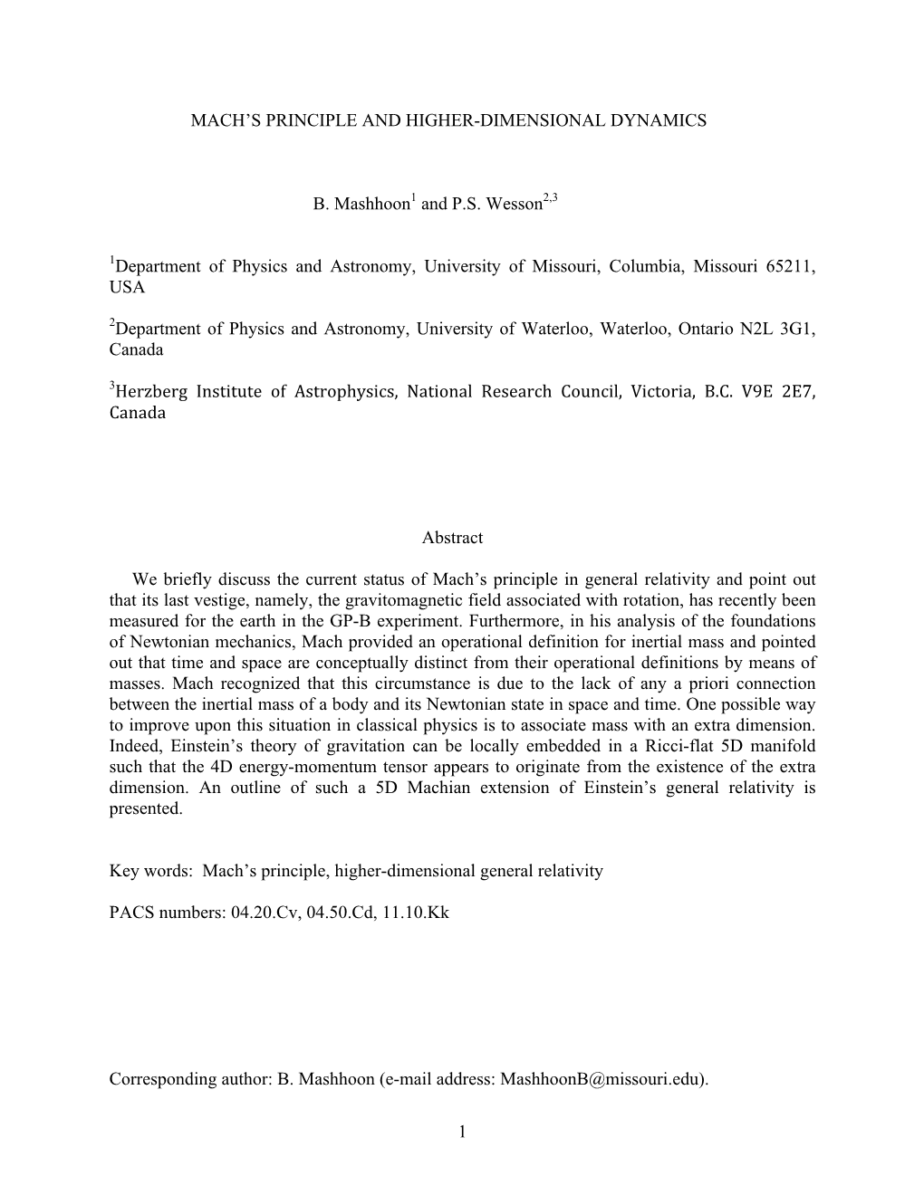 1 Mach's Principle and Higher-Dimensional