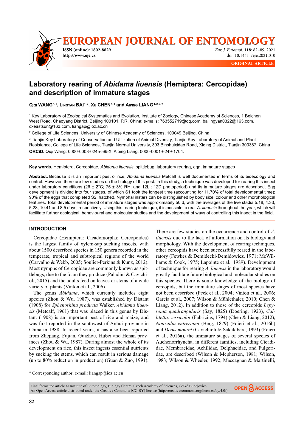 Eur. J. Entomol. 118: 82–89, 2021 Doi: 10.14411/Eje.2021.010 ORIGINAL ARTICLE