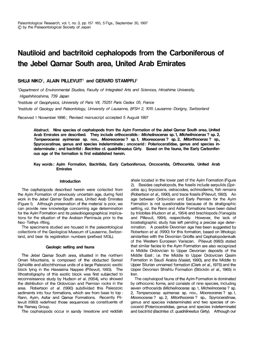 Nautiloid and Bactritoid Cephalopods from the Carboniferous of the Jebel Qamar South Area, United Arab Emirates