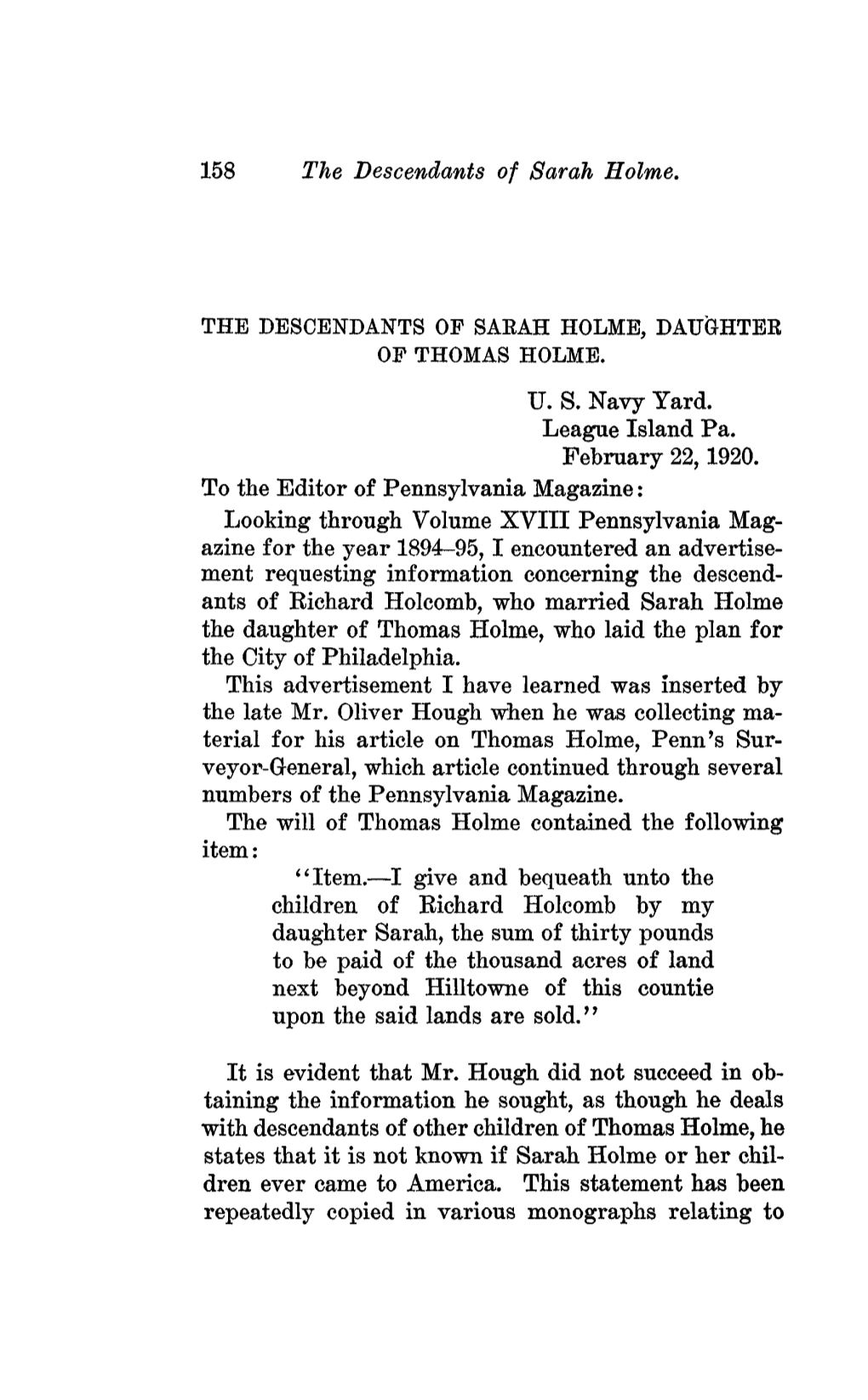 158 the Descendants of Sarah Holme. the DESCENDANTS of SARAH HOLME