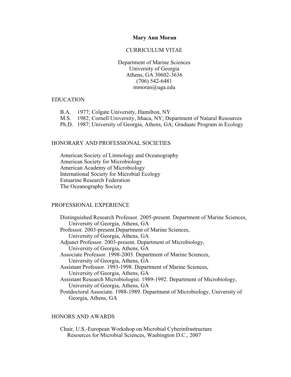 Mary Ann Moran CURRICULUM VITAE