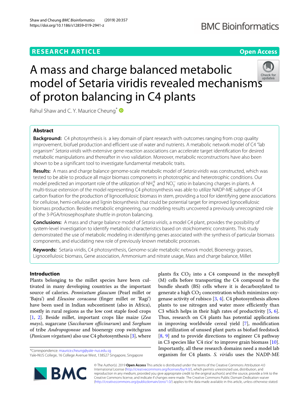 A Mass and Charge Balanced Metabolic Model of Setaria Viridis Revealed Mechanisms of Proton Balancing in C4 Plants Rahul Shaw and C