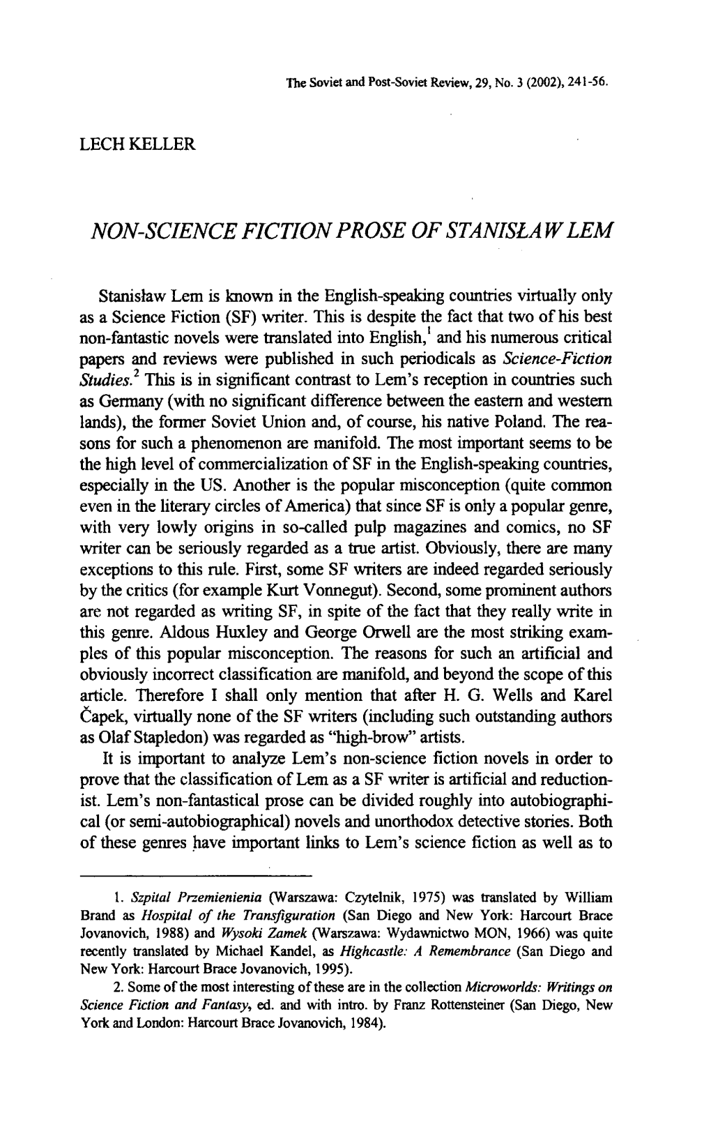 Lech Keller Non-Science Fiction Prose of Stanislaw