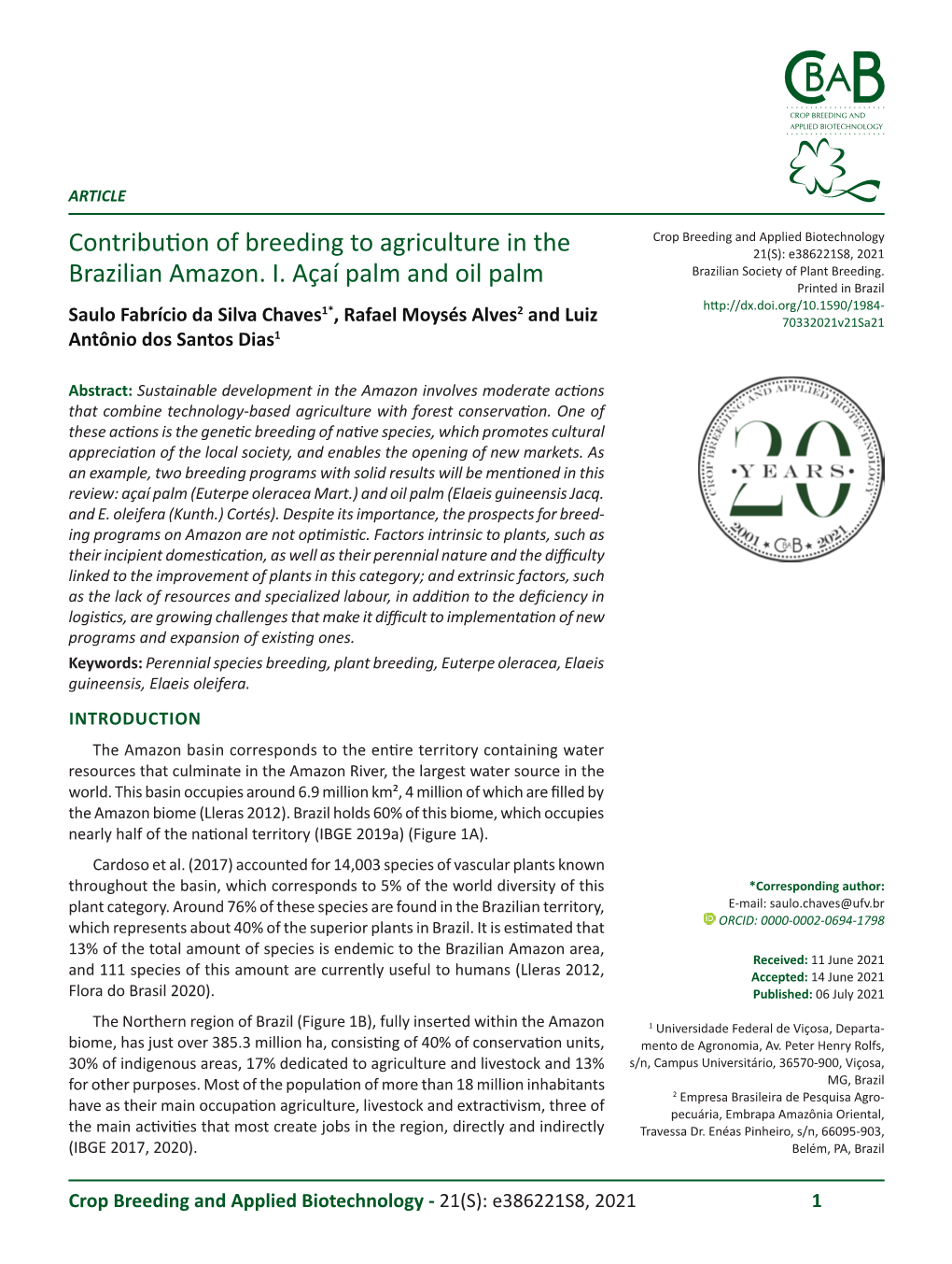 Contribution of Breeding to Agriculture in the Brazilian Amazon. I. Açaí Palm and Oil Palm