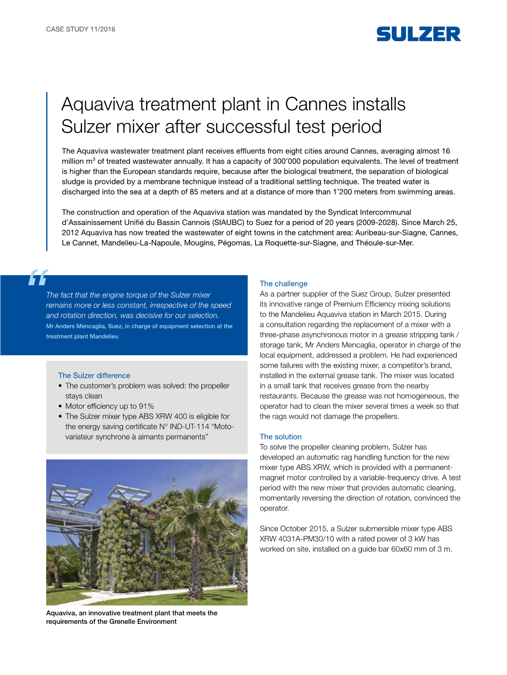 Aquaviva Treatment Plant in Cannes Installs Sulzer Mixer After Successful Test Period
