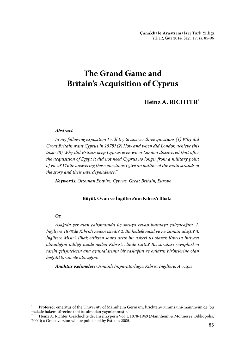 The Grand Game and Britain's Acquisition of Cyprus