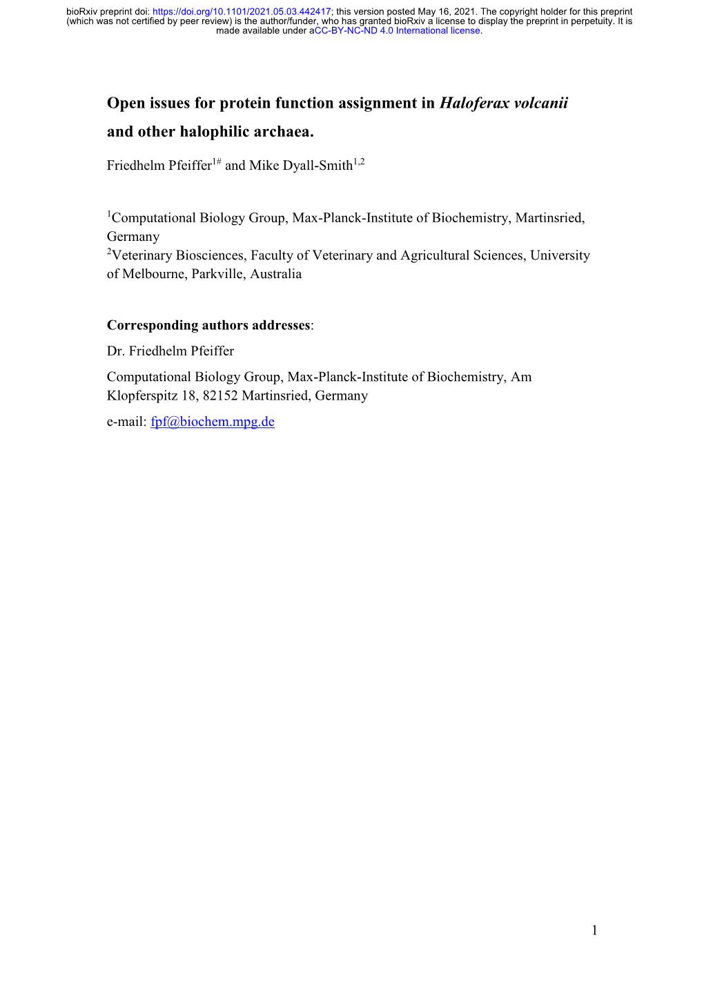 Open Issues for Protein Function Assignment in Haloferax Volcanii and Other Halophilic Archaea