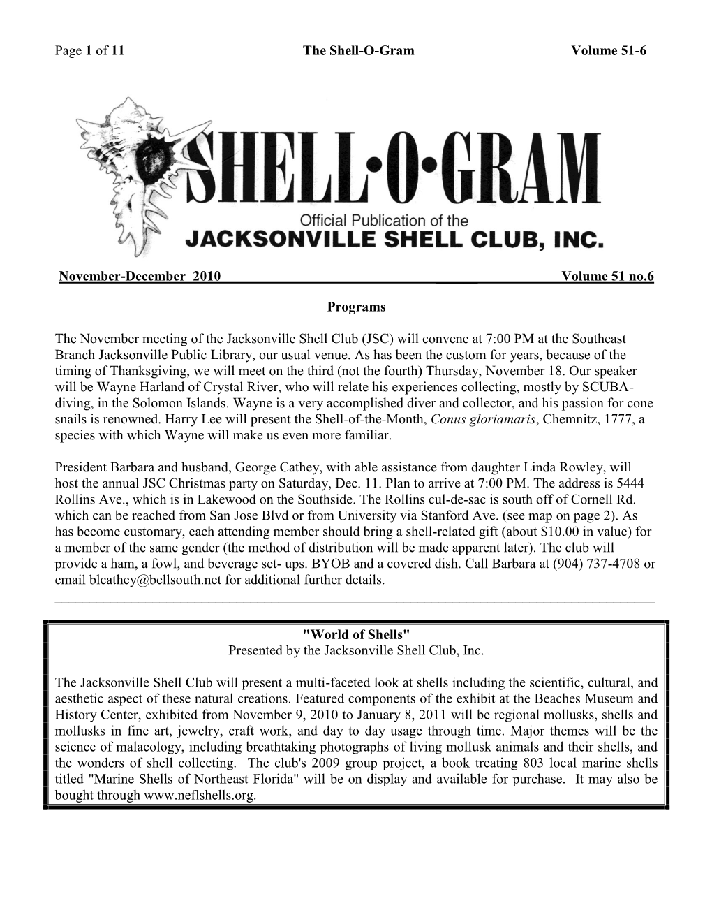 Of 11 the Shell-O-Gram Volume 51-6 November-December 2010
