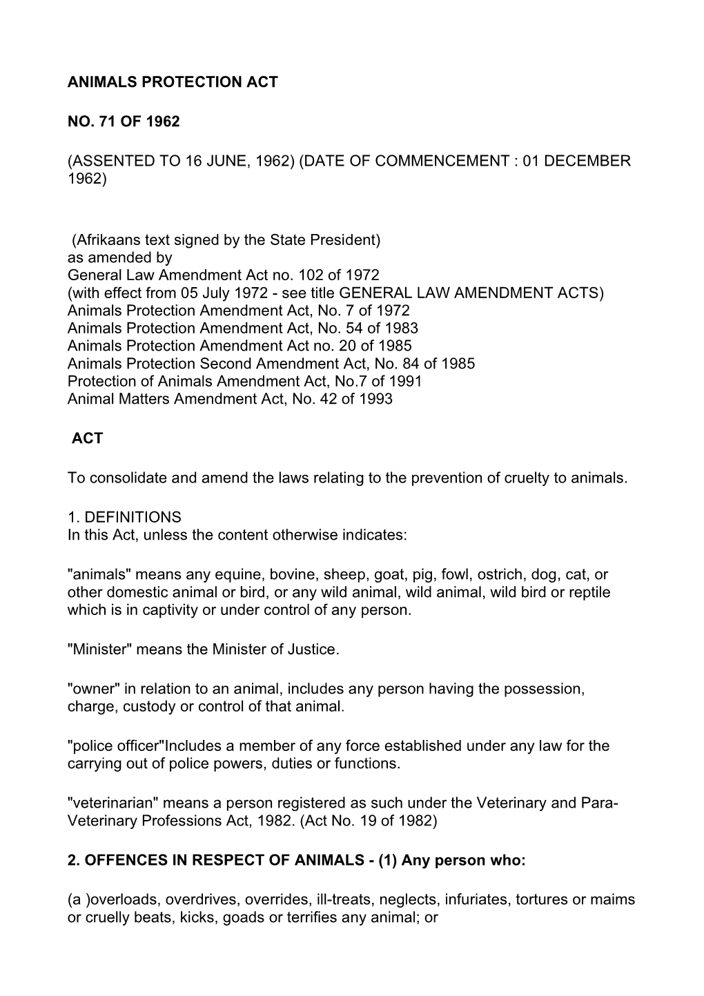 Animals Protection Act No. 71 of 1962 (Assented to 16 June