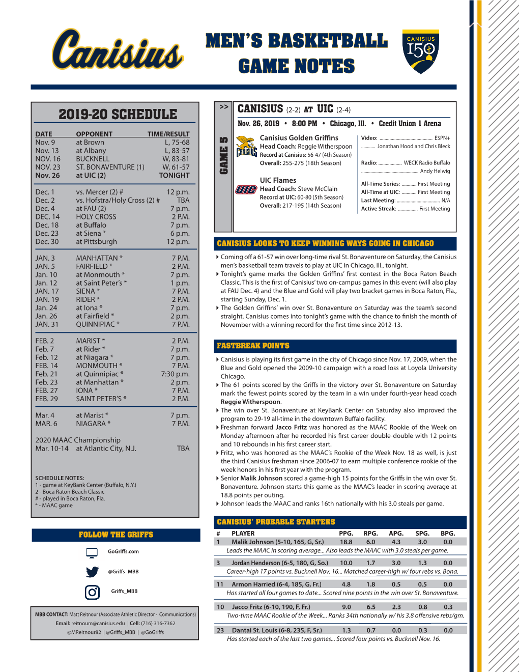 Men's Basketball Game Notes