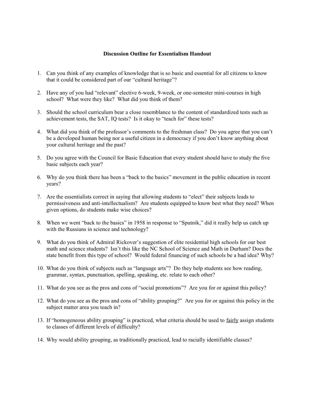 Discussion Outline For Essentialism Handout