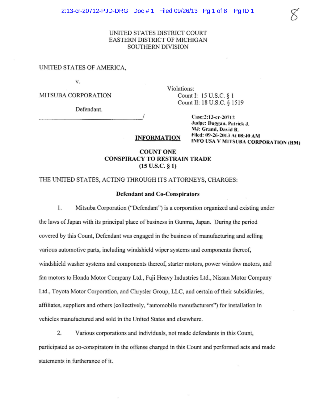 2:13-Cr-20712-PJD-DRG Doc # 1 Filed 09/26/13 Pg 1 of 8 Pg ID 1