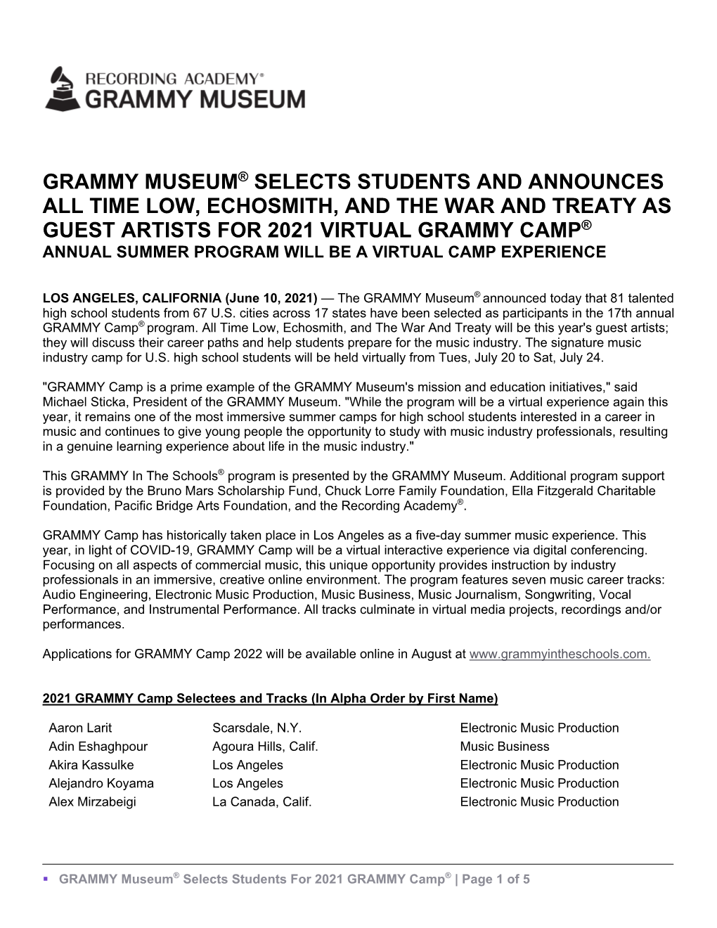 Grammy Museum® Selects Students and Announces