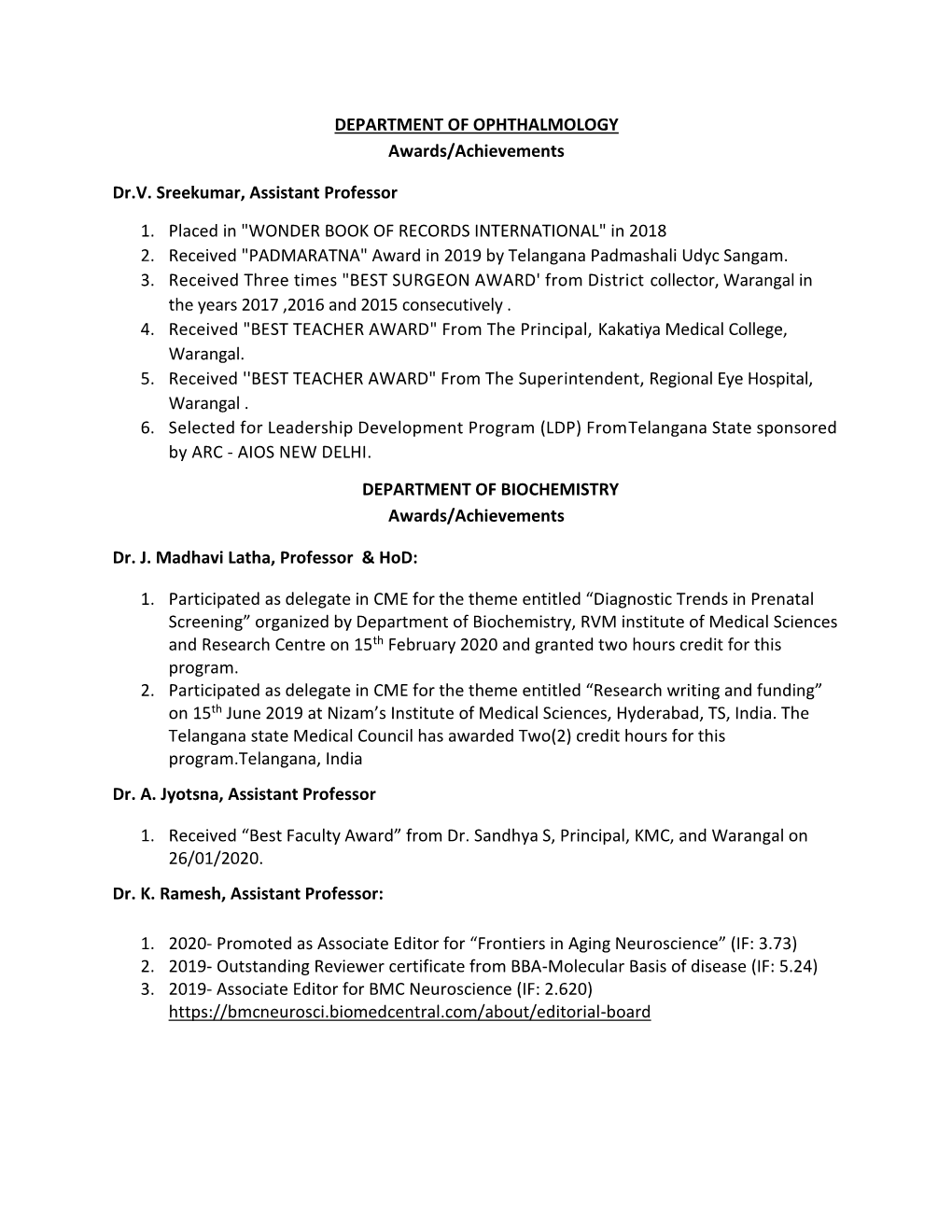 DEPARTMENT of OPHTHALMOLOGY Awards/Achievements