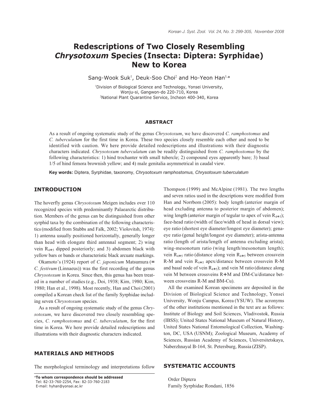Redescriptions of Two Closely Resembling Chrysotoxum Species (Insecta: Diptera: Syrphidae) New to Korea