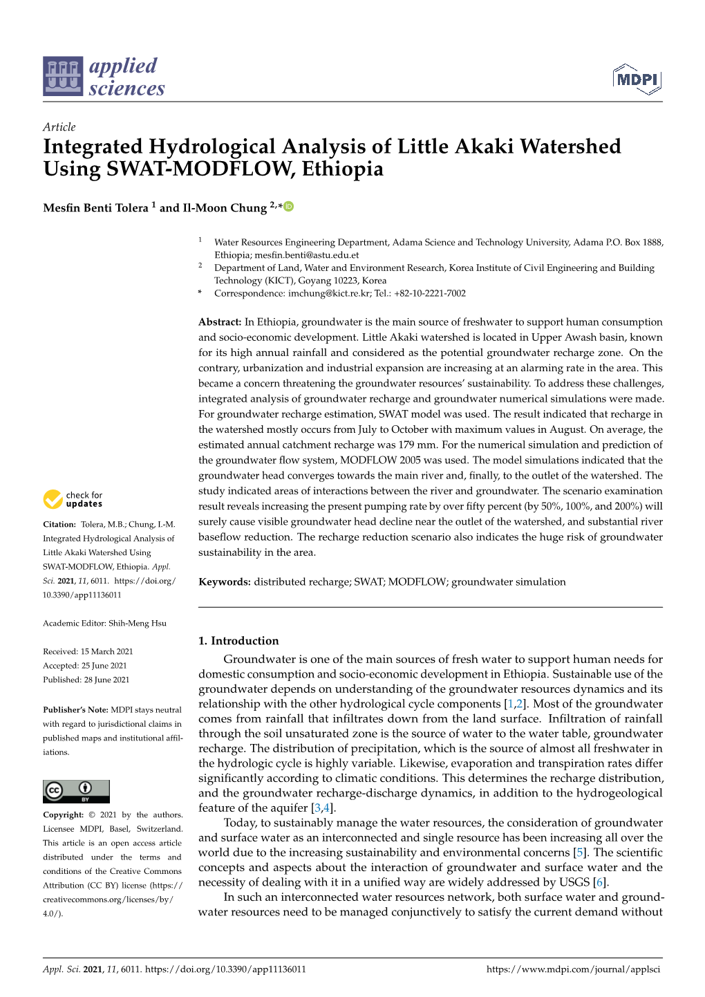 Integrated Hydrological Analysis of Little Akaki Watershed Using SWAT-MODFLOW, Ethiopia