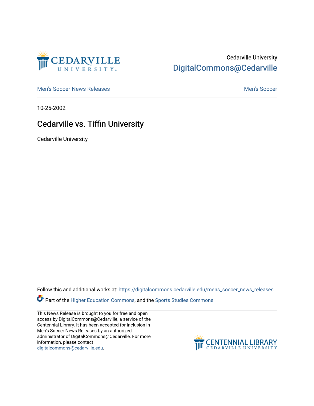 Cedarville Vs. Tiffin University
