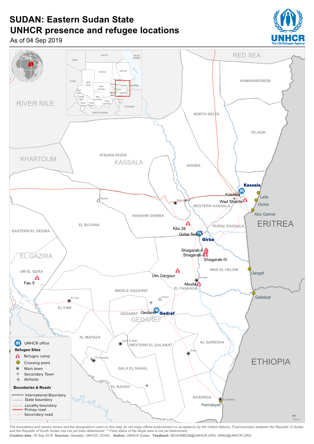 SUDAN: Eastern Sudan State UNHCR Presence and Refugee Locations As of 04 Sep 2019