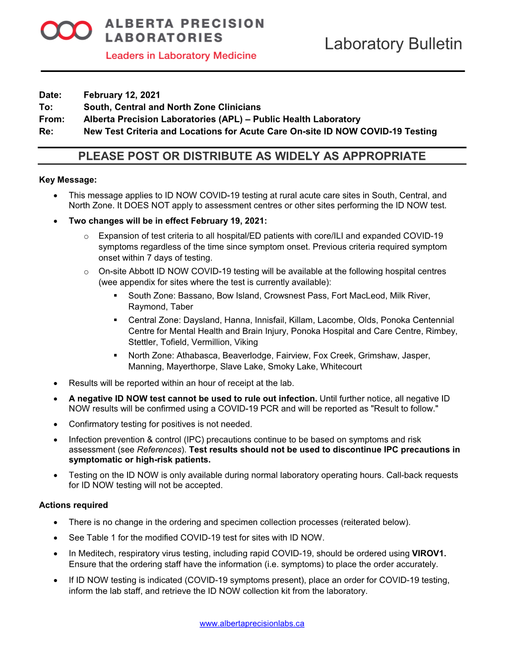 New Test Criteria and Locations for Acute Care On-Site ID NOW COVID-19 Testing