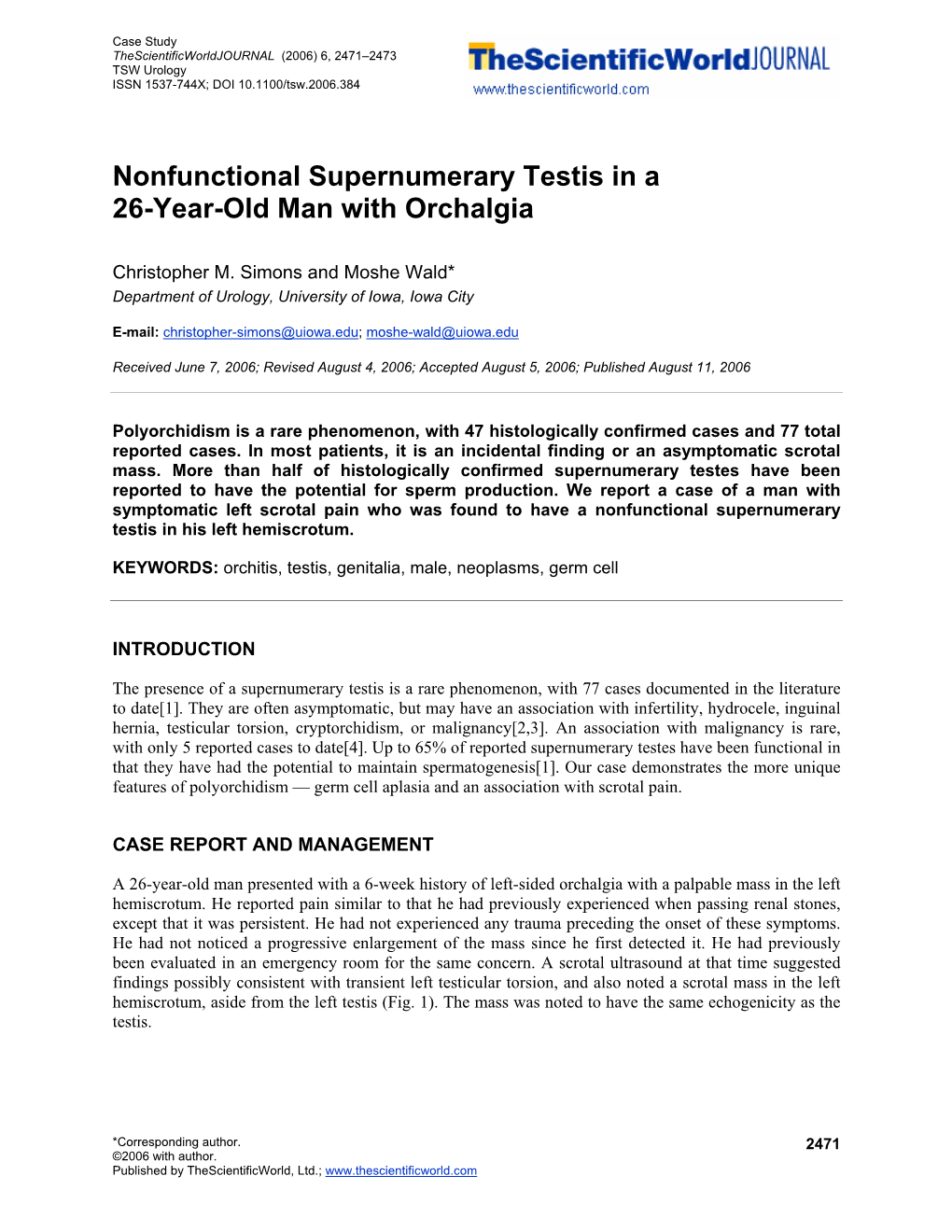 Nonfunctional Supernumerary Testis in a 26-Year-Old Man with Orchalgia