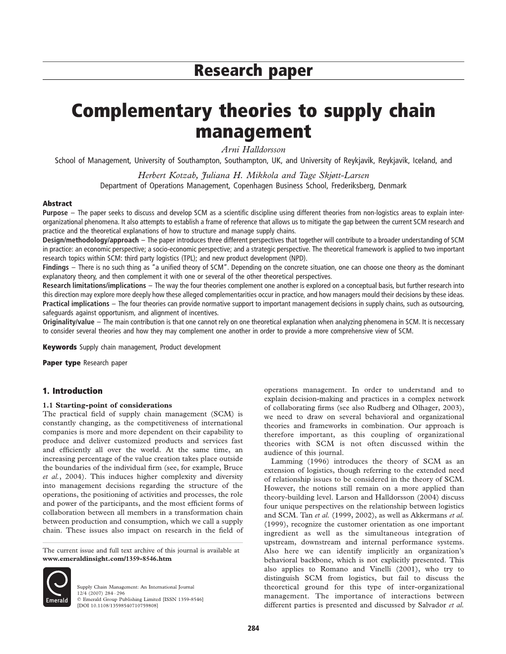 Complementary Theories to Supply Chain Management