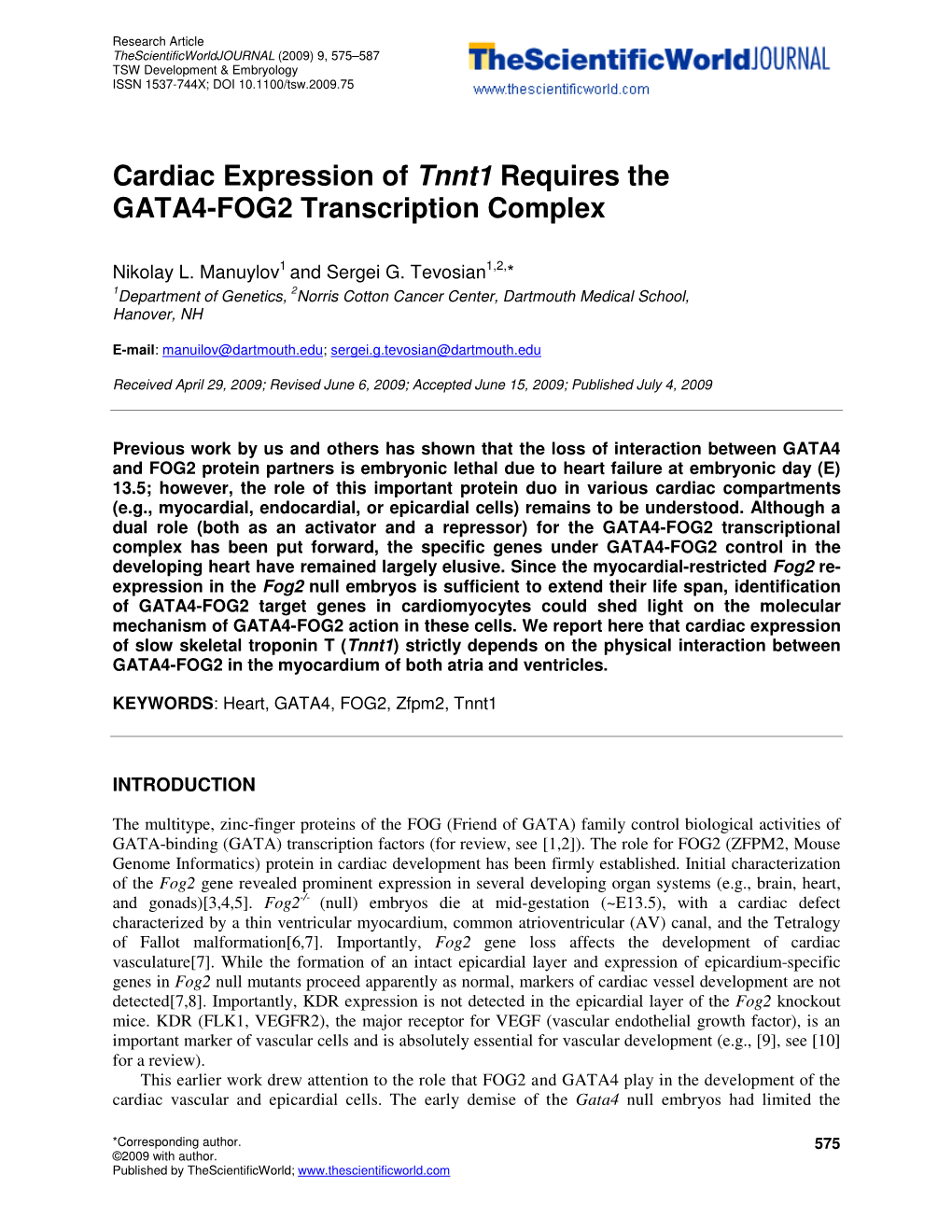 Cardiac Expression of Tnnt1 Requires the GATA4-FOG2 Transcription Complex