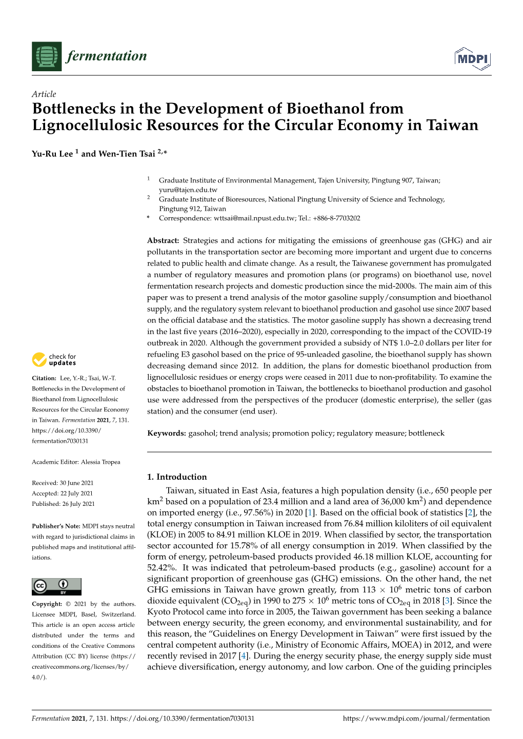 Bottlenecks in the Development of Bioethanol from Lignocellulosic Resources for the Circular Economy in Taiwan