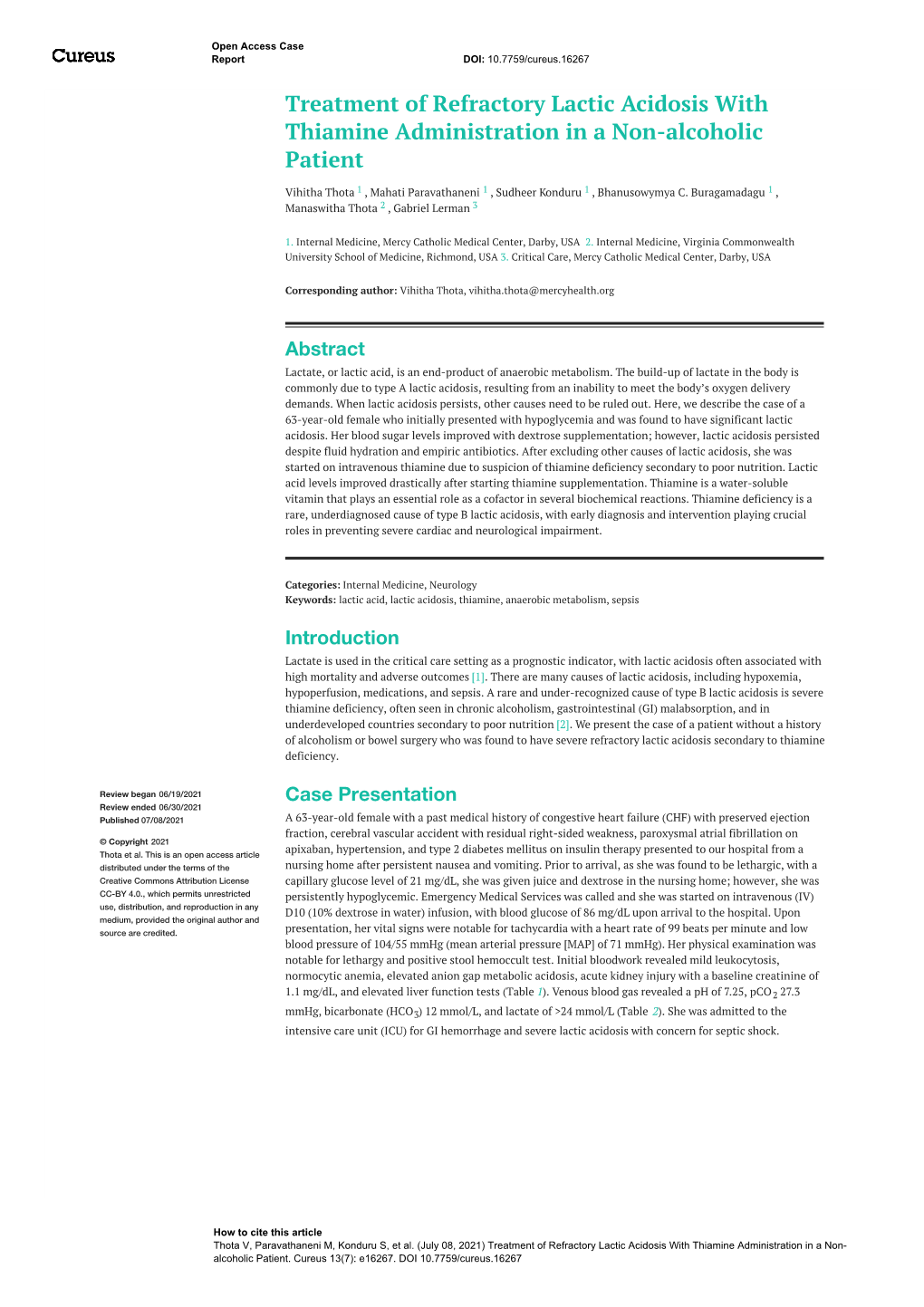 Treatment of Refractory Lactic Acidosis with Thiamine Administration in a Non-Alcoholic Patient