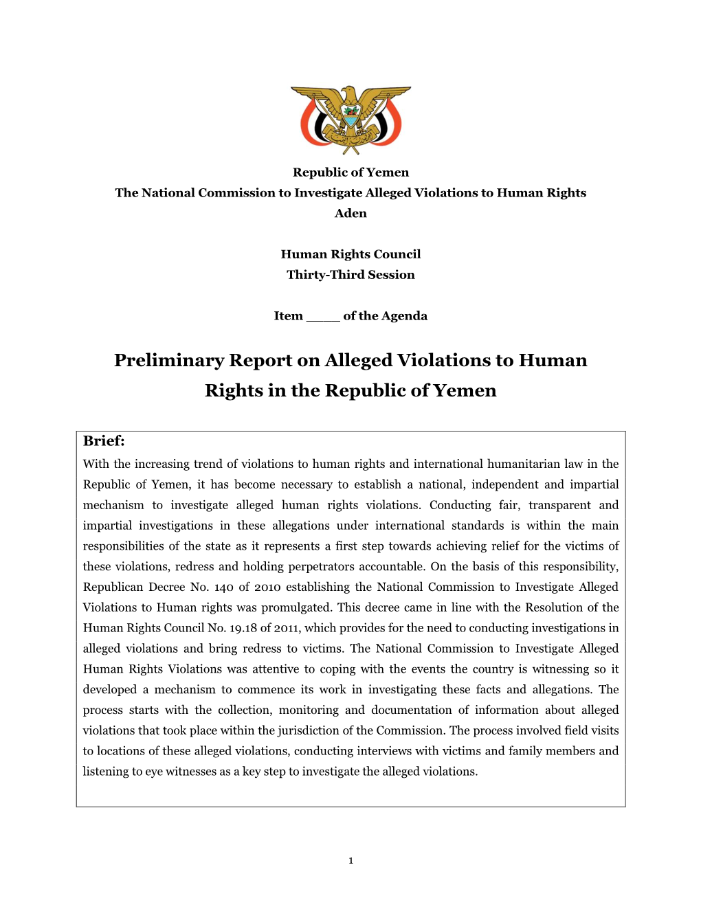 Preliminary Report on Alleged Violations to Human Rights in the Republic of Yemen
