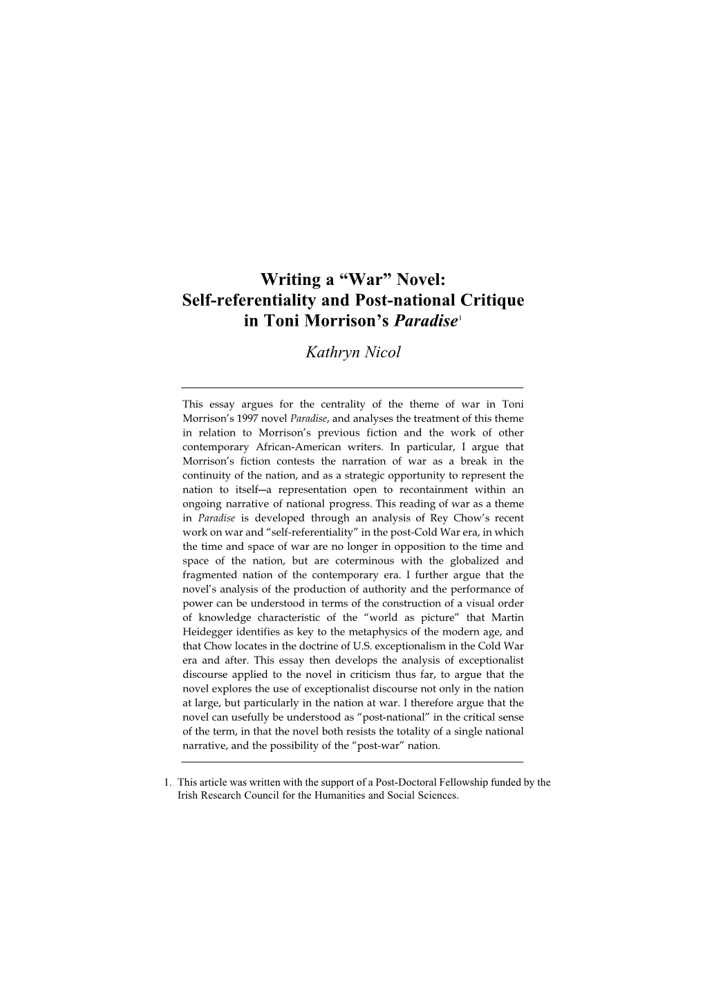 Writing a “War” Novel: Self-Referentiality and Post-National Critique in Toni Morrison's Paradise1