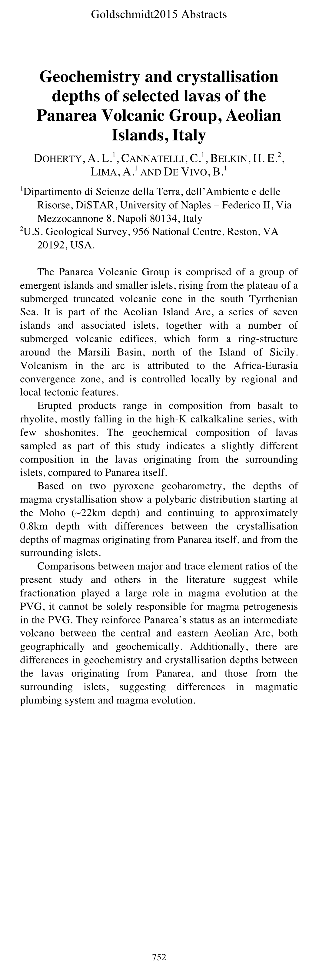 Geochemistry and Crystallisation Depths of Selected Lavas of the Panarea Volcanic Group, Aeolian Islands, Italy DOHERTY, A