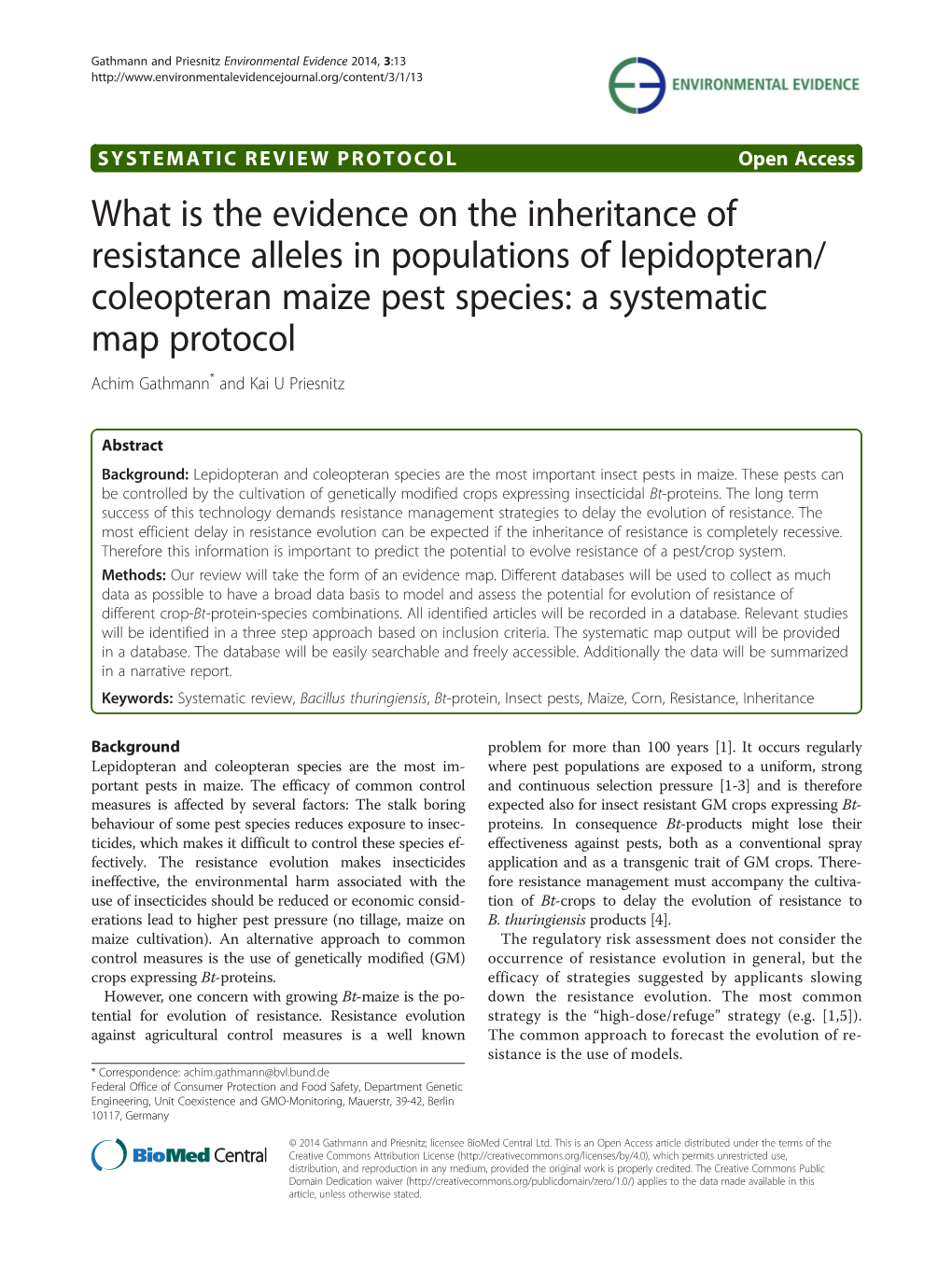 Coleopteran Maize Pest Species: a Systematic Map Protocol Achim Gathmann* and Kai U Priesnitz