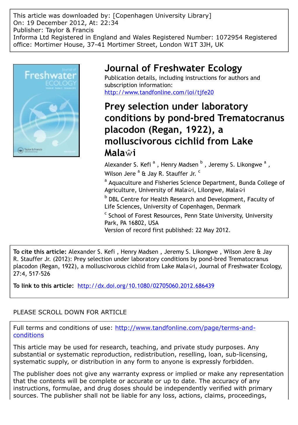 Prey Selection Under Laboratory Conditions by Pond-Bred Trematocranus Placodon (Regan, 1922), a Molluscivorous Cichlid from Lake Malaŵi Alexander S