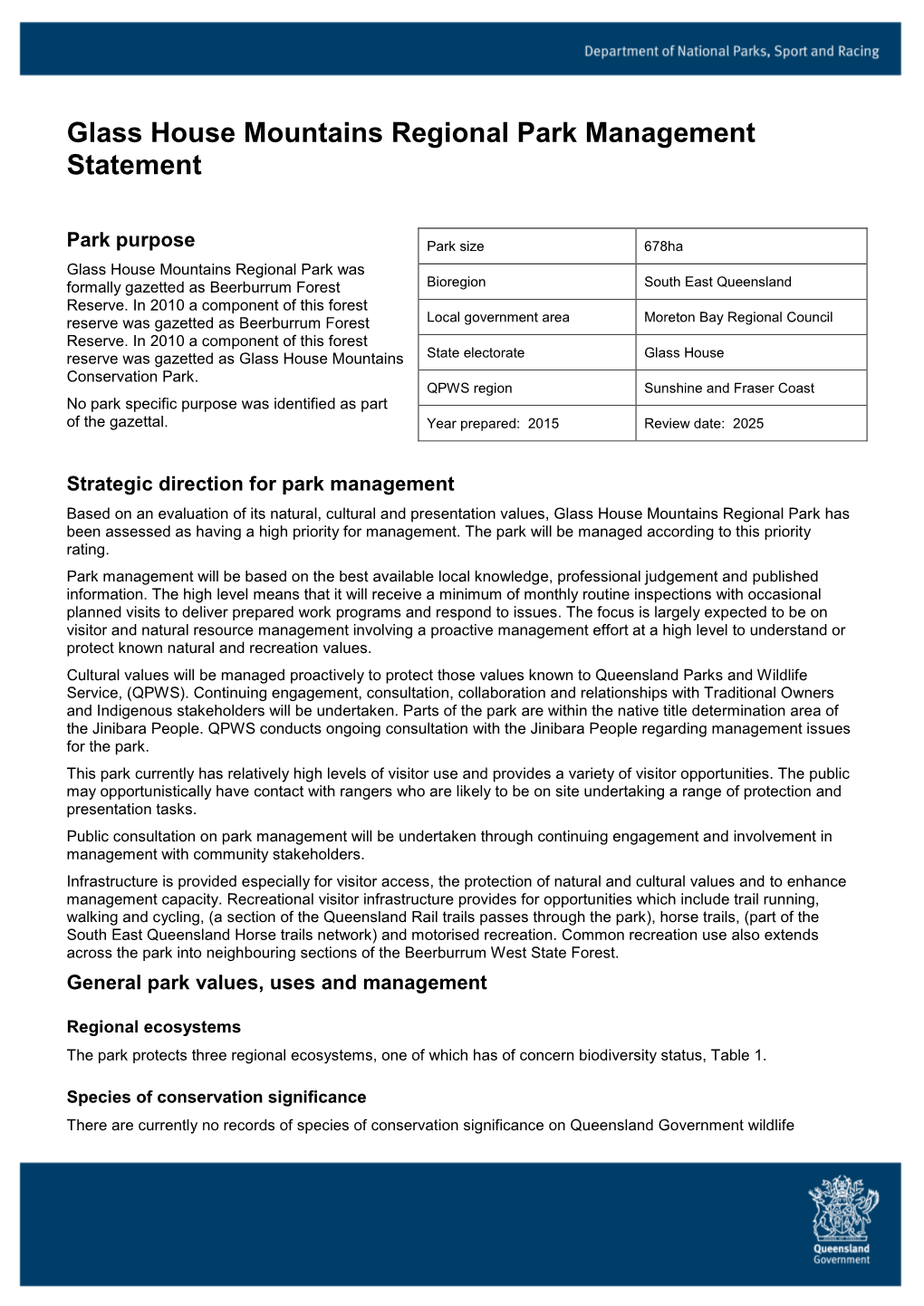 Glass House Mountains Regional Park Management Statement 2015