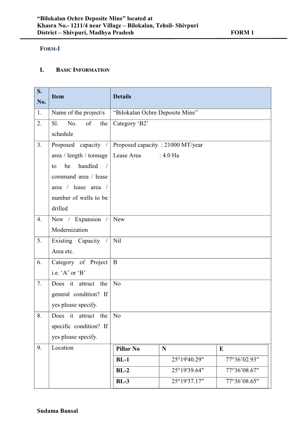 Shivpuri District – Shivpuri, Madhya Pradesh FORM 1