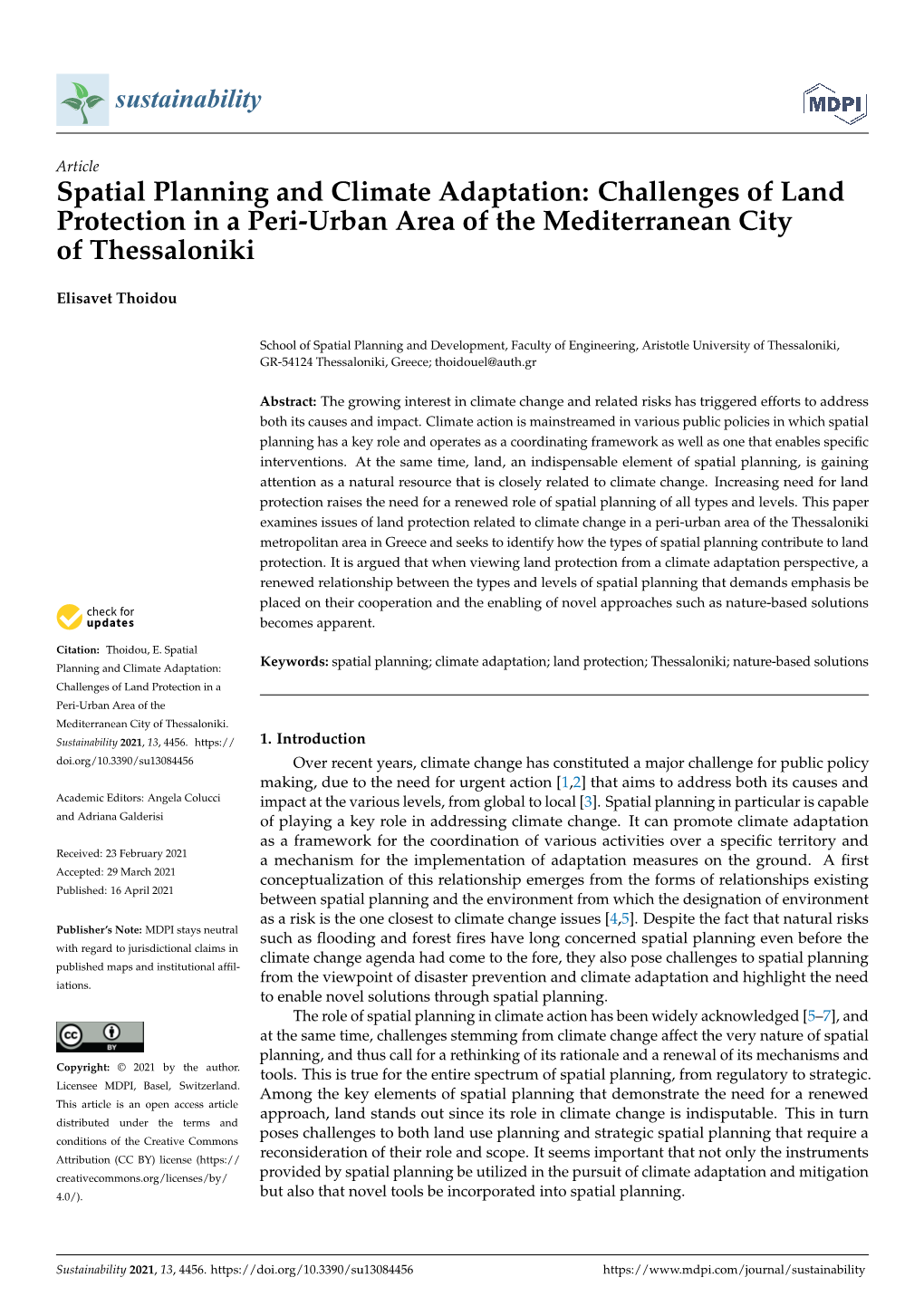 Spatial Planning and Climate Adaptation: Challenges of Land Protection in a Peri-Urban Area of the Mediterranean City of Thessaloniki