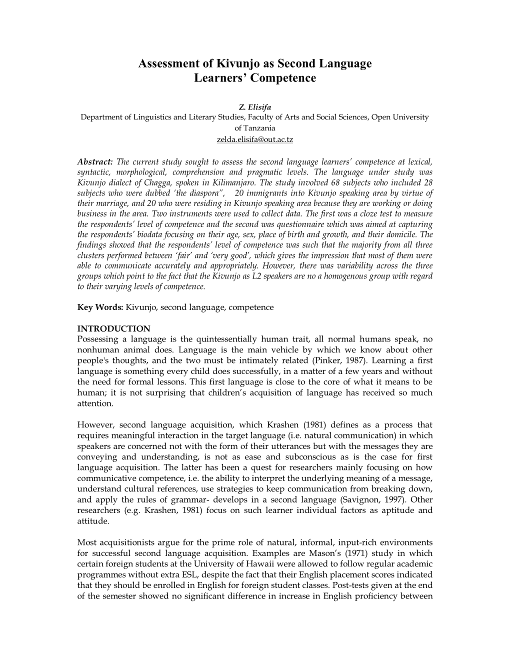 Assessment of Kivunjo As Second Language Learners' Competence