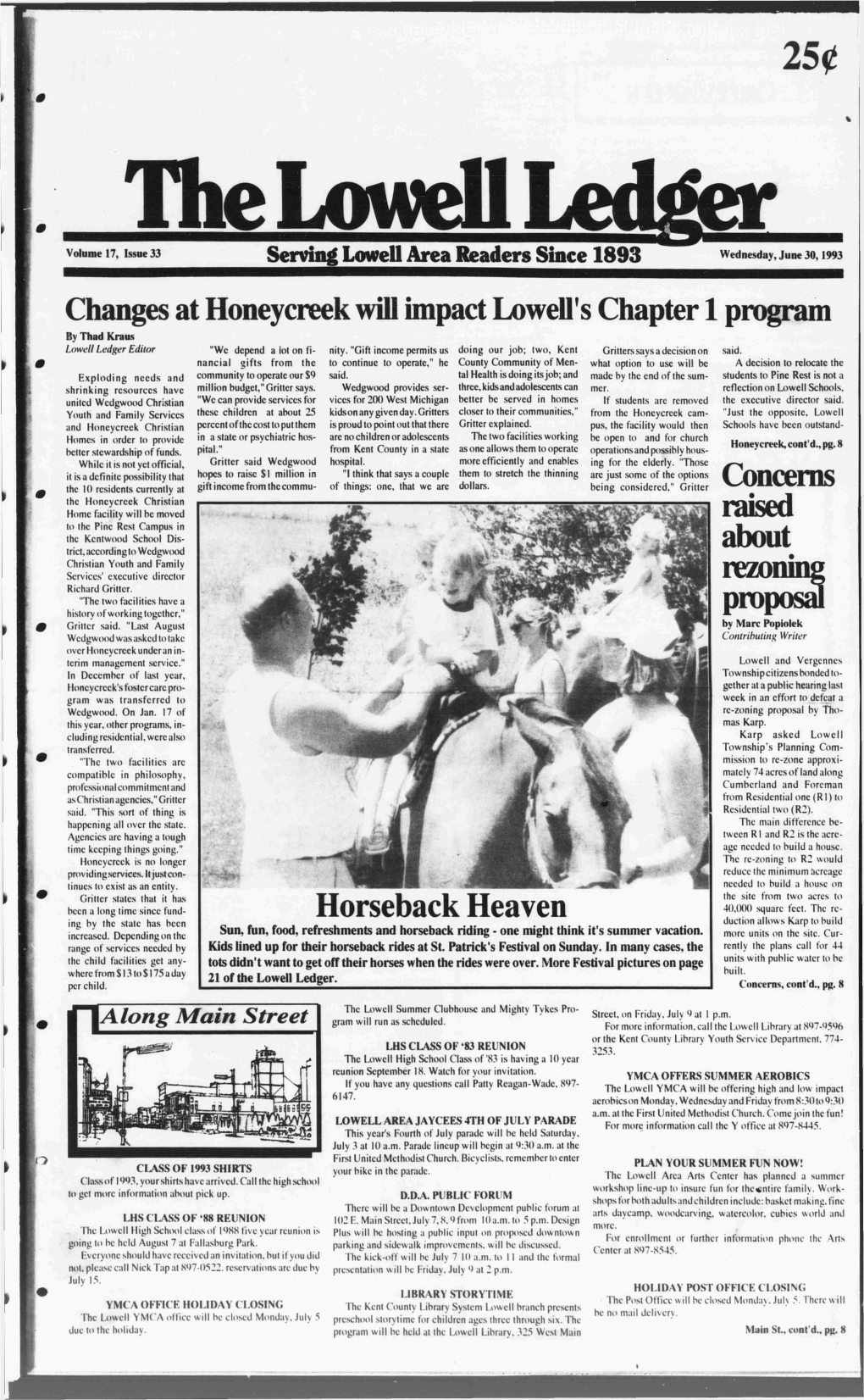 Changes at Honeycreek Will Impact Lowell's Chapter 1 Program by Thad Kraus Lowell Ledger Editor 